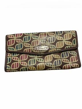 Fossil Leather‎ Checkbook Wallet Brown Retro Print Bifold